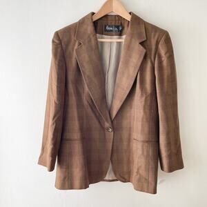 Maximilian Wool Blend Blazer Womens 12 Petite 12P Brown Plaid USA Made Classic